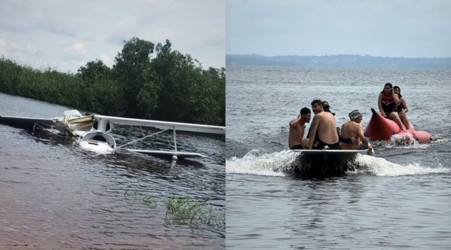 Banhistas resgatam ocupantes após avião cair no Rio Negro em Manaus