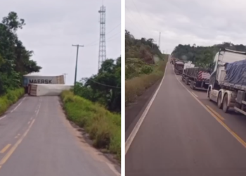 Duas carretas tombam na BR-174 e bloqueiam totalmente trecho da ladeira ‘Maria Ceará’