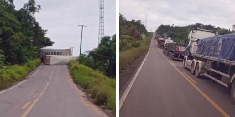 Duas carretas tombam na BR-174 e bloqueiam totalmente trecho da ladeira ‘Maria Ceará’