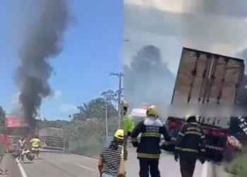 Carreta pega fogo e interdita totalmente trecho da BR-174 em Manaus