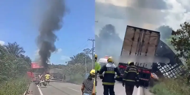 Carreta pega fogo e interdita totalmente trecho da BR-174 em Manaus