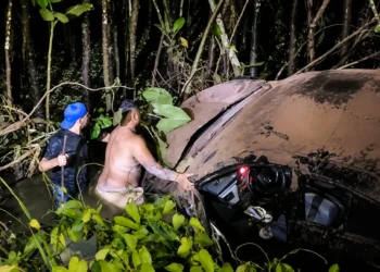 Carro capota em área alagada às margens da AM-010 e casal escapa sem ferimentos em Itacoatiara