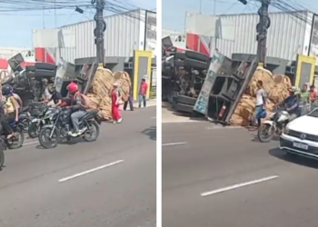 Carreta perde o controle e tomba na Avenida Grande Circular