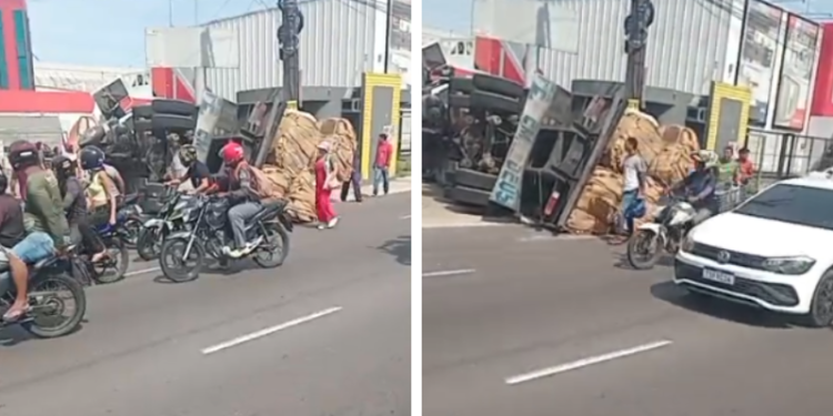 Carreta perde o controle e tomba na Avenida Grande Circular