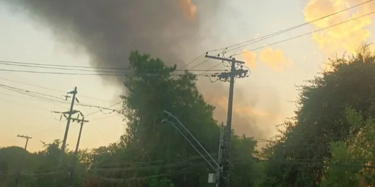 Área de vegetação pega fogo e fumaça chama atenção no Mauazinho, em Manaus