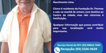 Idoso residente da Fundação Dr. Thomas desaparece ao ir ao Centro de Manaus