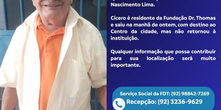 Idoso residente da Fundação Dr. Thomas desaparece ao ir ao Centro de Manaus