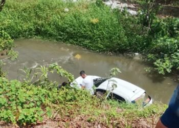 Motorista perde o controle e carro cai em igarapé em Manaus