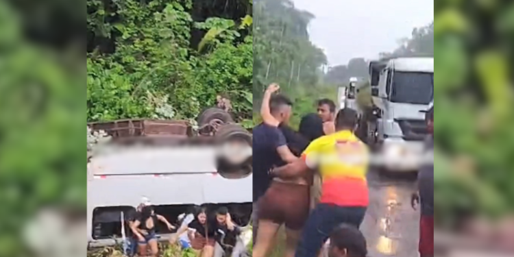 Ônibus com passageiros capota e despenca em ribanceira na BR-174, no Amazonas