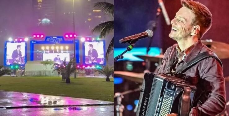 Michel Teló enfrenta chuva forte e canta para público reduzido em Vitória, vídeo