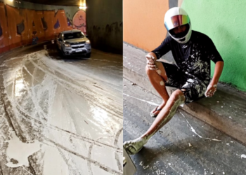 Tinta na pista causa acidente com motociclista em viaduto de Manaus
