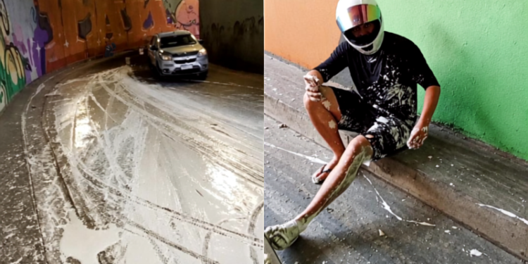 Tinta na pista causa acidente com motociclista em viaduto de Manaus