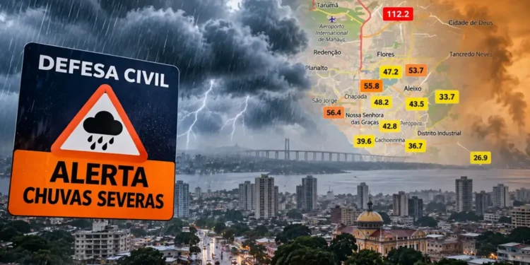 Defesa Civil alerta para chuvas severas em Manaus; mapa aponta poluição do ar em diferentes zonas