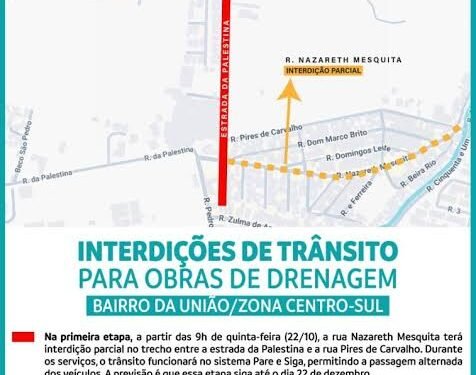 Ruas do bairro União são interditadas para obras de drenagem