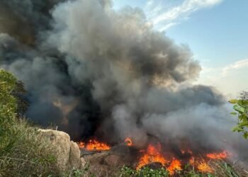 Incêndio de grandes proporções atinge área de vegetação e lixo no Distrito Industrial