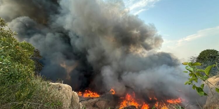 Incêndio de grandes proporções atinge área de vegetação e lixo no Distrito Industrial
